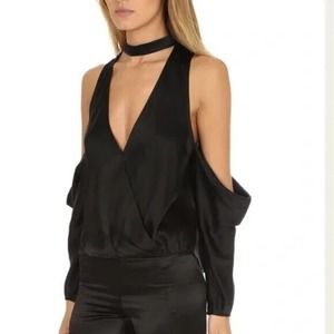 Michelle Mason Black Silk Blouse Top Drop Shoulder Choker V Neck Satin 0…